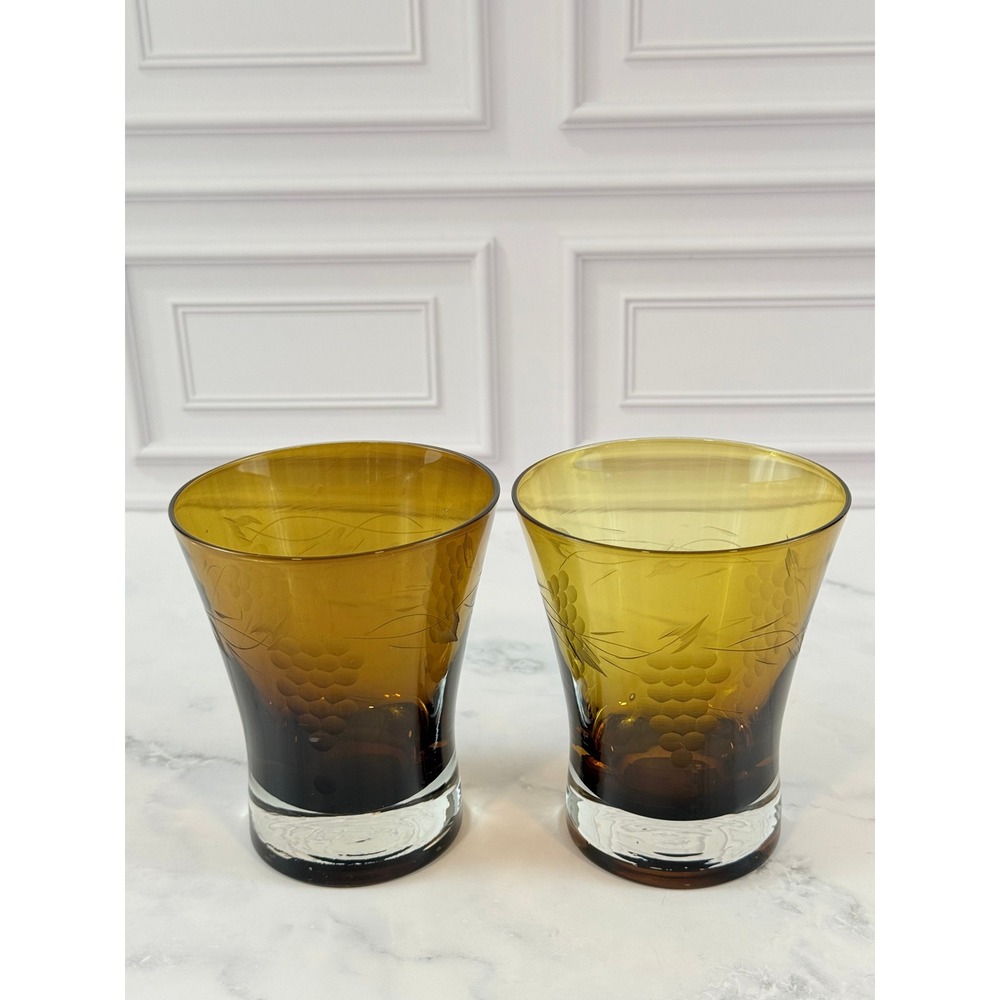 Vintage PAIR (2) Etched Grape Pattern Amber 4.5in Flared Juice Glasses